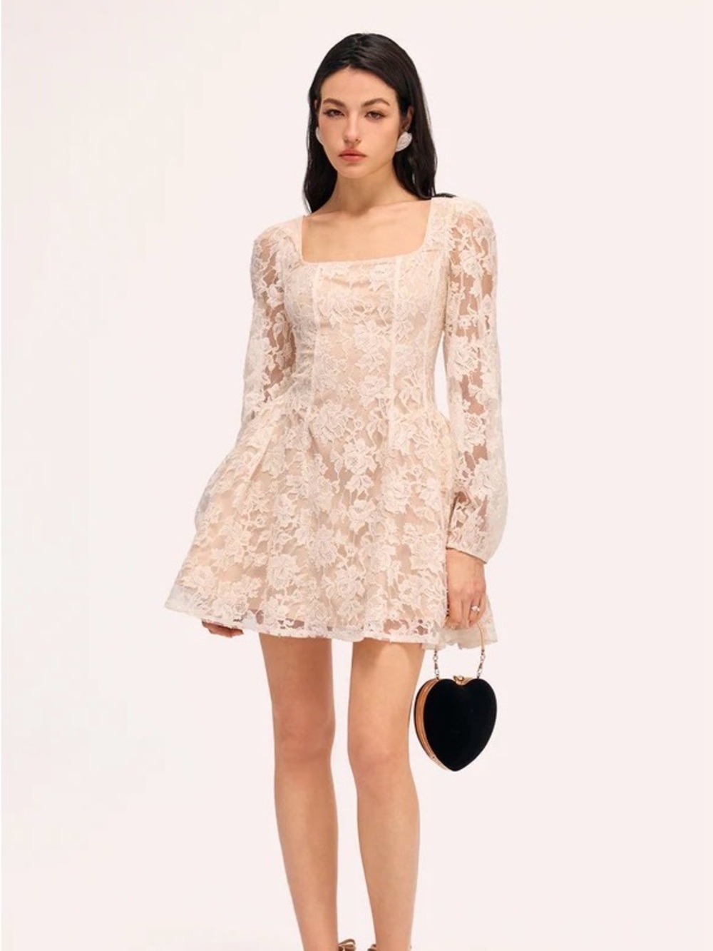Commense Blush Lace Square-Neck Mini Dress with Long Sleeves